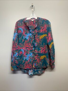 Sundance Teal Floral Ruffle Oversized Button-Down Shirt